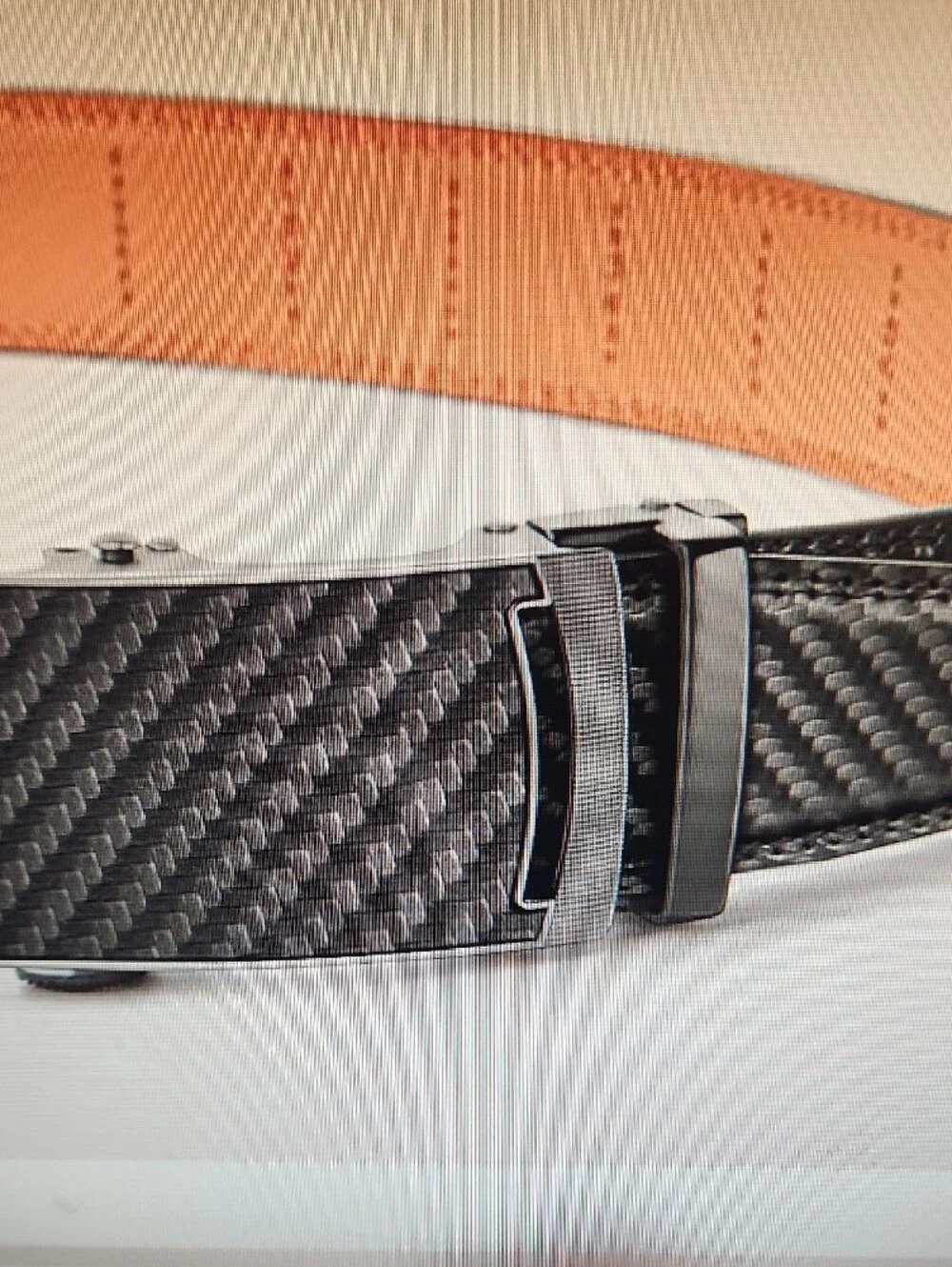 Black Carbon-Texture Men's Leather Belt with Automatic Buckle NEW IN BOX 34W